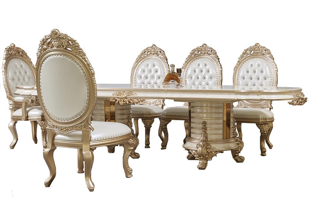 Traditional Dining Room Set HD-9093 HD-DIN9093-SET-9PC in White, Gold Bonded Leather
