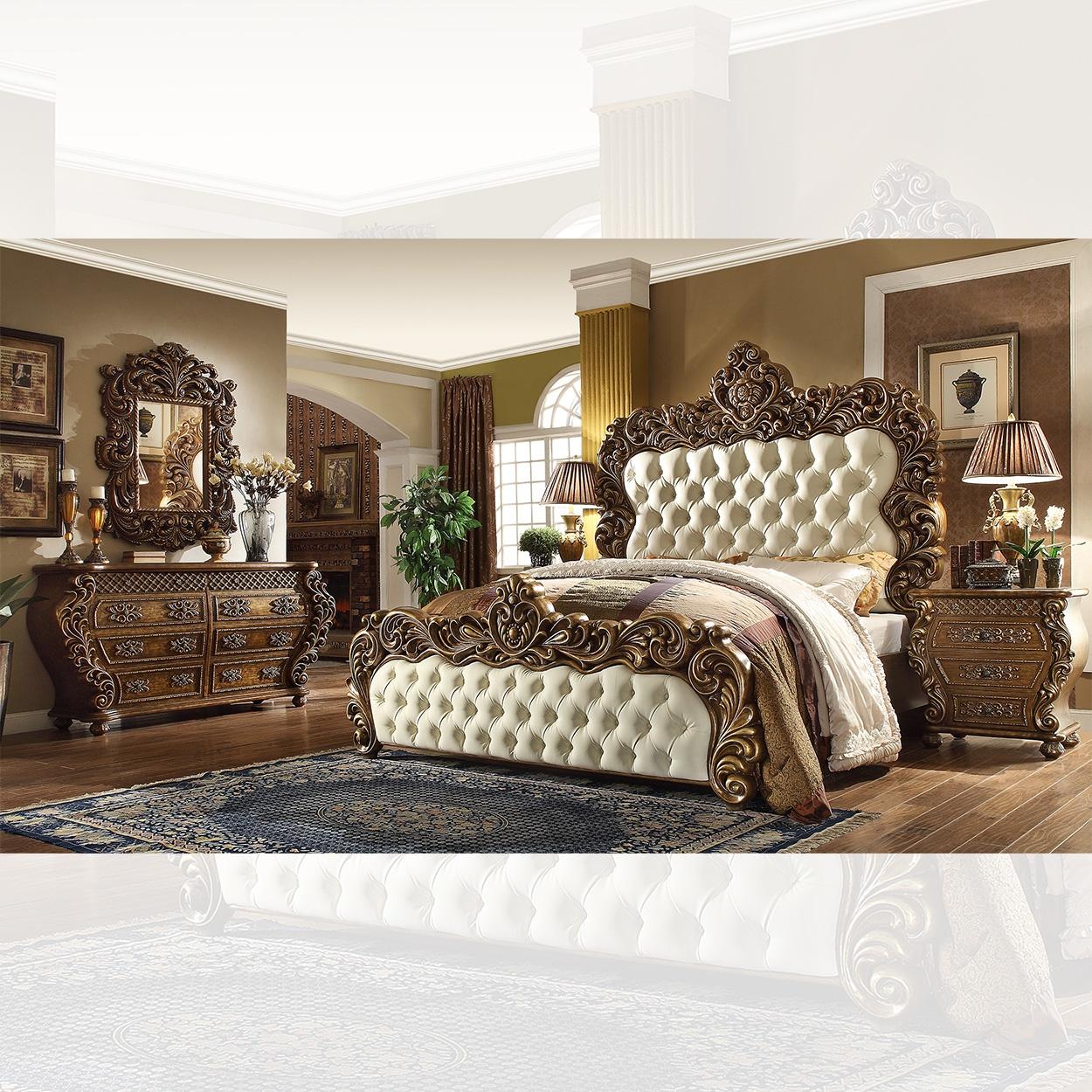 Traditional Sleigh Bedroom Set HD-8011 HD-8011-CKB-3PC in Golden Brown Leather