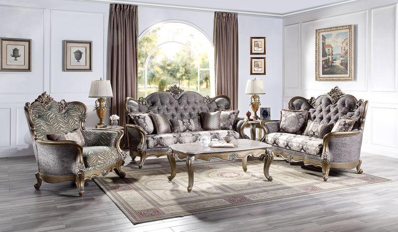 

    
 Photo  Traditional Gray Fabric Sofa + Loveseat + Chair by Acme Elozzol LV00299-3pcs

