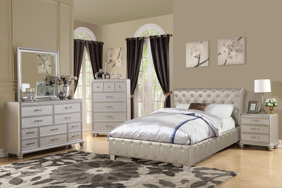 Traditional Platform Bed F9389 F9389CK in Gray, Silver Faux Leather