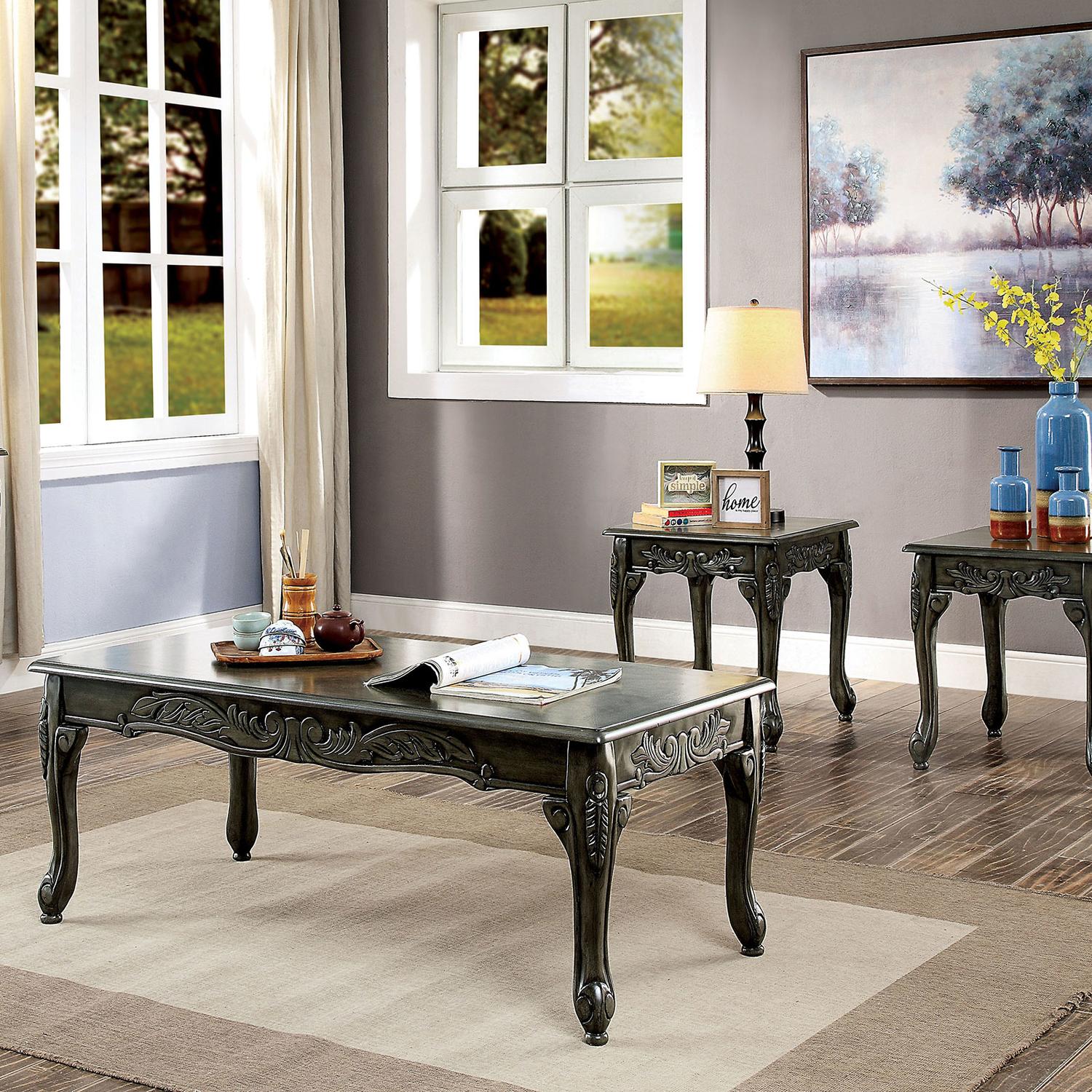 Traditional Coffee Table and 2 End Tables CM4914GY-3PK Cheshire CM4914GY-3PK in Gray 