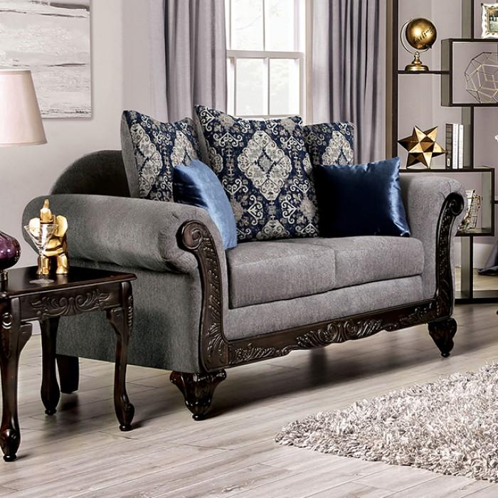

    
Traditional Gray & Walnut Chenille Fabric Loveseat Furniture of America SM7306-LV Gustavo
