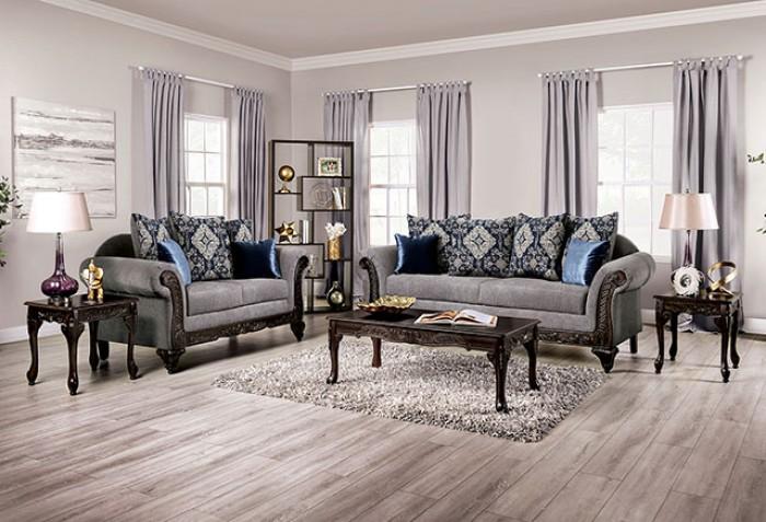Traditional Sofa and Loveseat Set SM7306-SF-2PC Gustavo SM7306-SF-2PC in Walnut, Gray Chenille