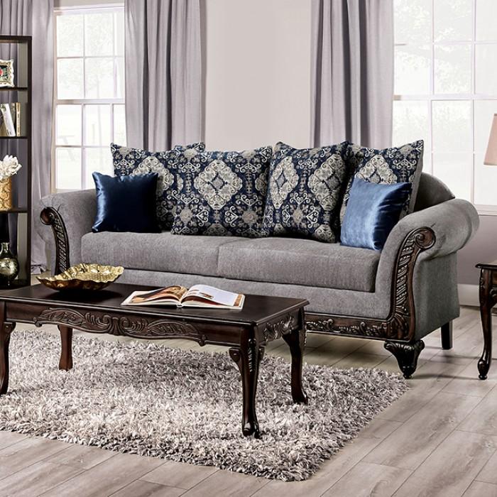 

    
Traditional Gray & Walnut Chenille Fabric Sofa Furniture of America SM7306-SF Gustavo
