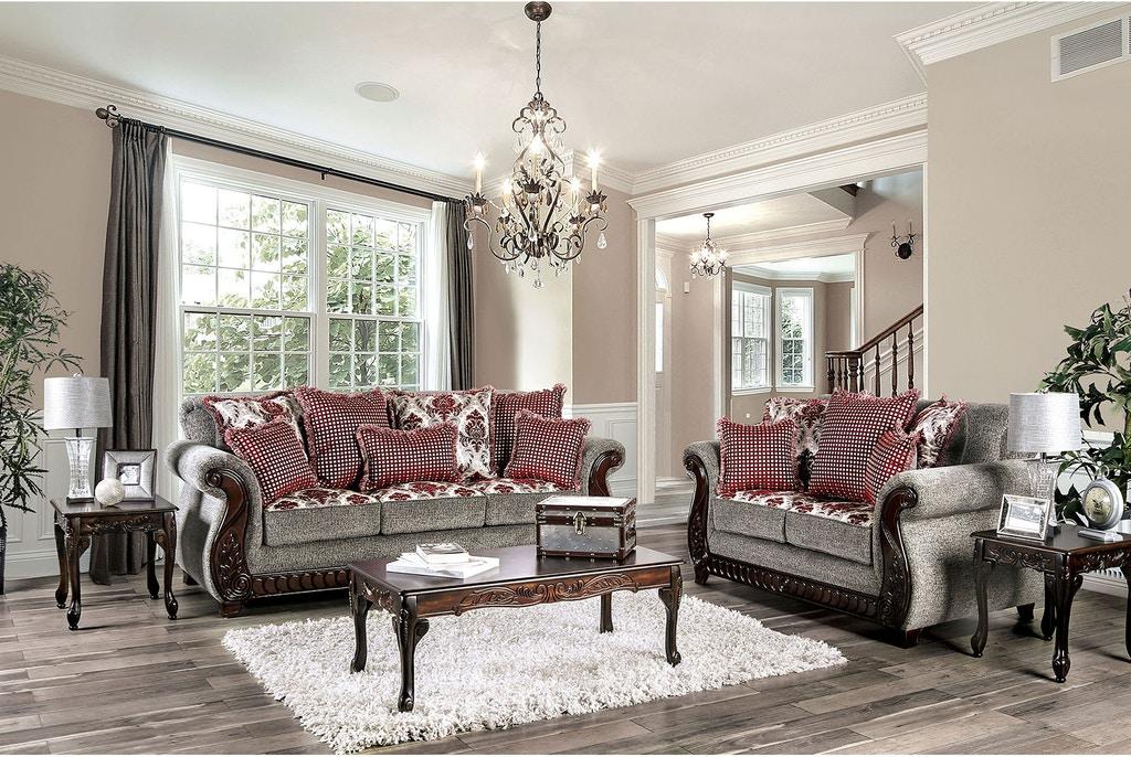 Traditional Sofa Loveseat and Coffee Table Set SM6219-5PC Whitland & Cheshire SM6219-5PC in Light Gray Chenille