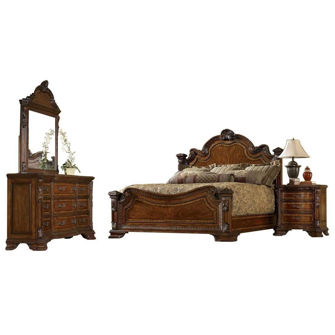 Traditional Panel Bedroom Set HD-80001 HD-80001-CK-Set-5 in Cherry, Brown Lacquer