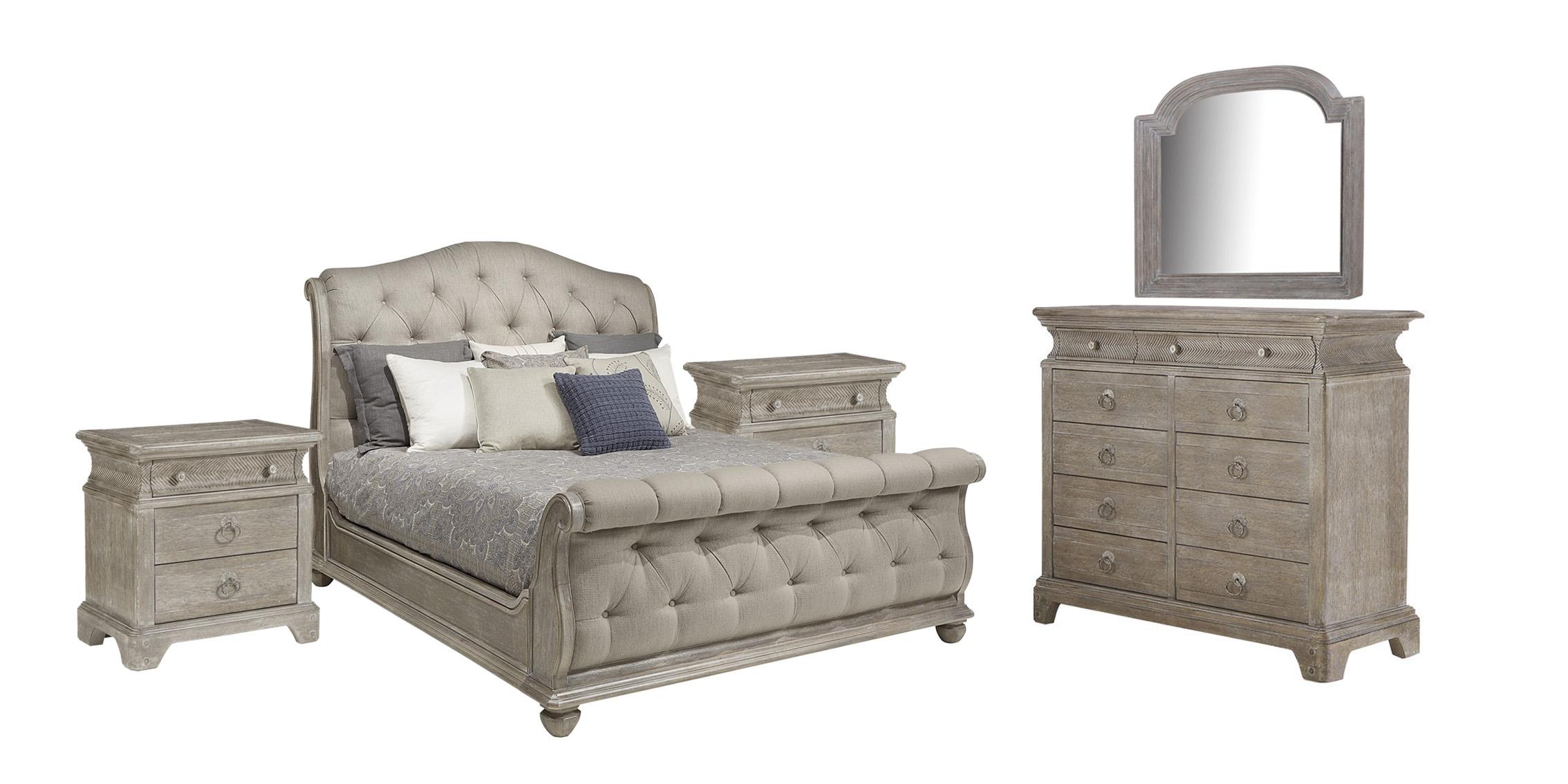 Traditional Sleigh Bedroom Set HD-80005 HD-80005-EK-Set-5 in Wash Oak, Light Gray Fabric