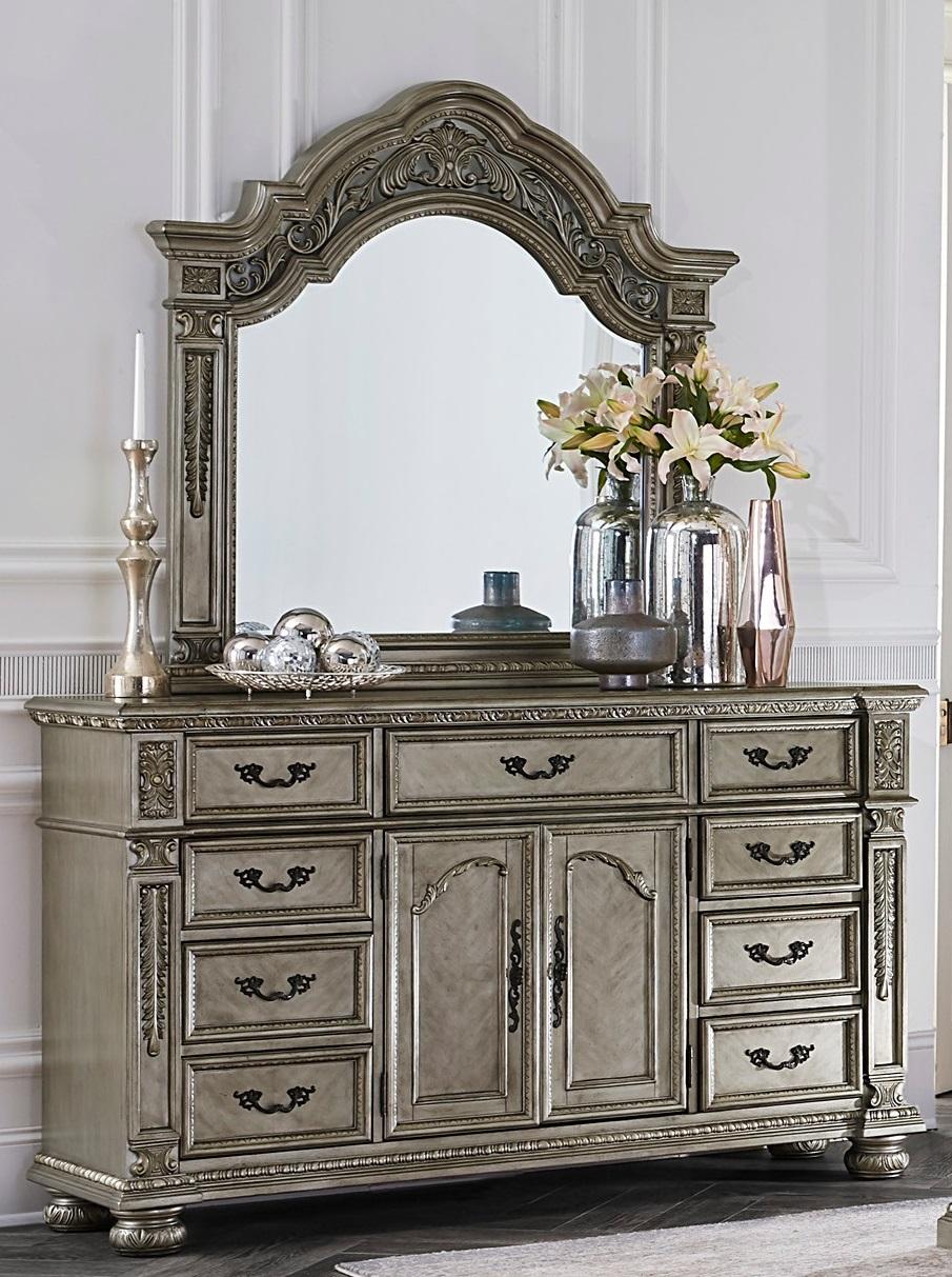

    
Traditional Platinum Gold Wood Dresser w/Mirror Homelegance 1824PG-5*6 Catalonia
