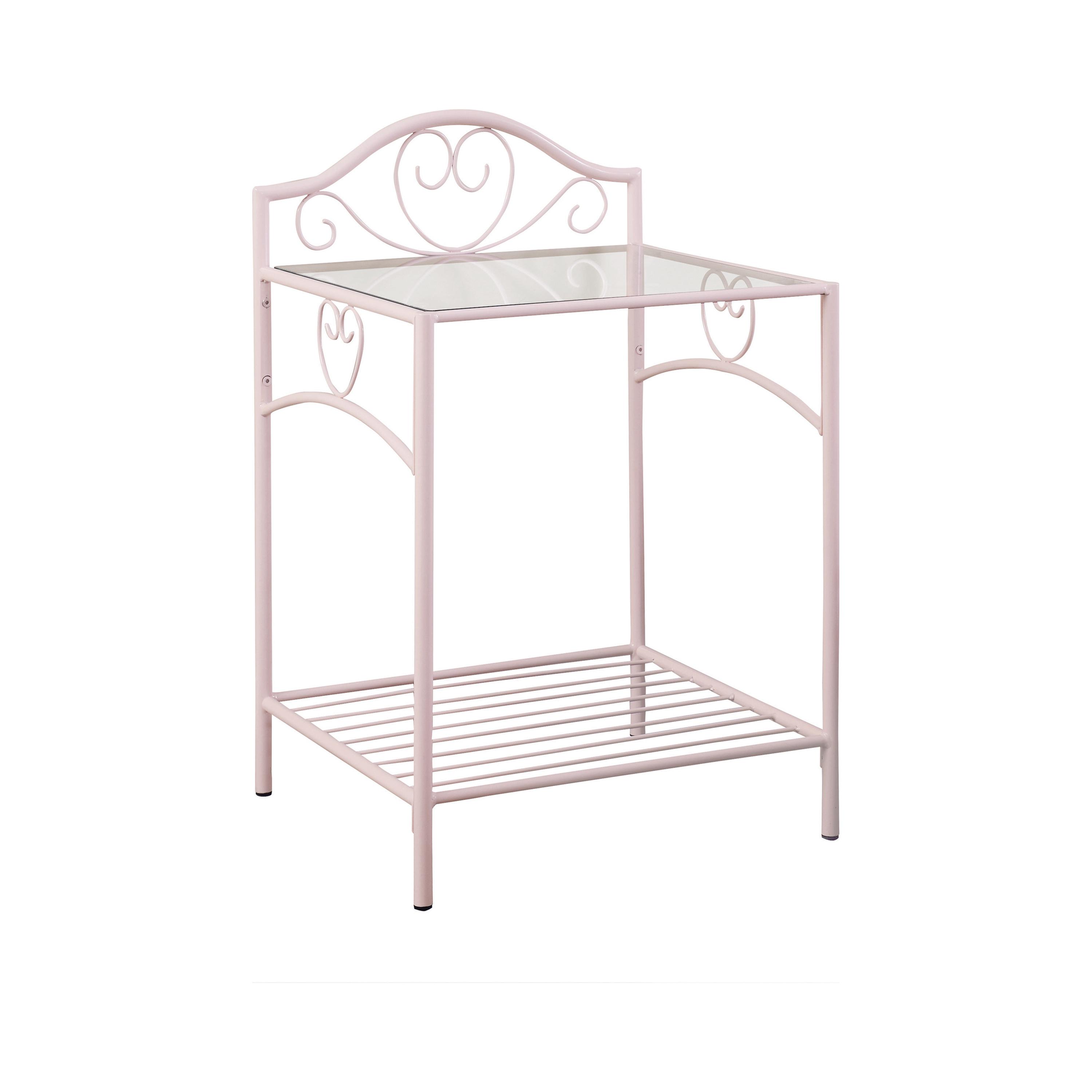 

    
Traditional Powder Pink Steel & Tempered Glass Nightstand Coaster 401152 Massi
