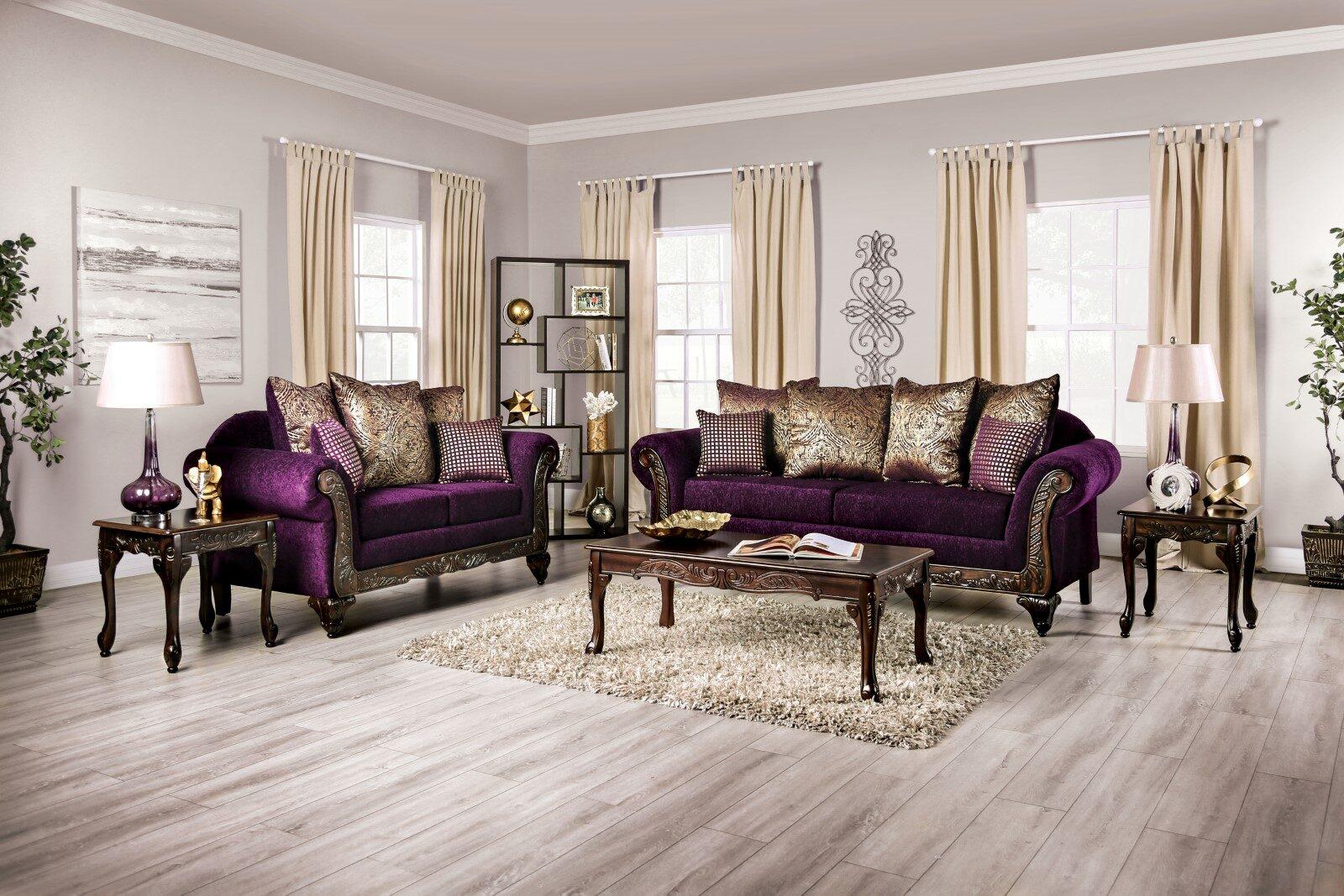 Traditional Sofa and Loveseat Set SM7743-SF-2PC Casilda SM7743-SF-2PC in Purple Chenille