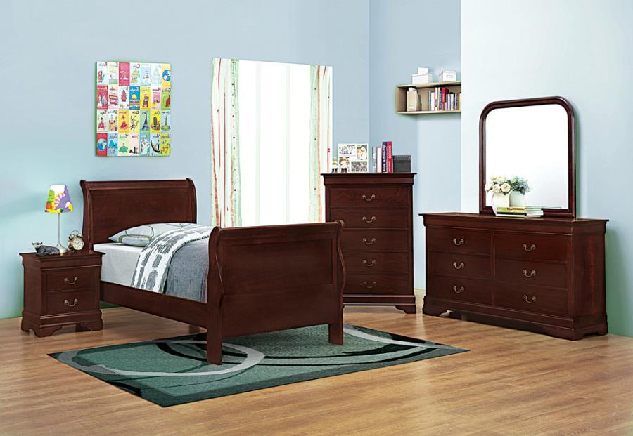 

    
Traditional Red Brown Solid Hardwood Twin Bedroom Set 6pcs Coaster 203971T Louis Philippe
