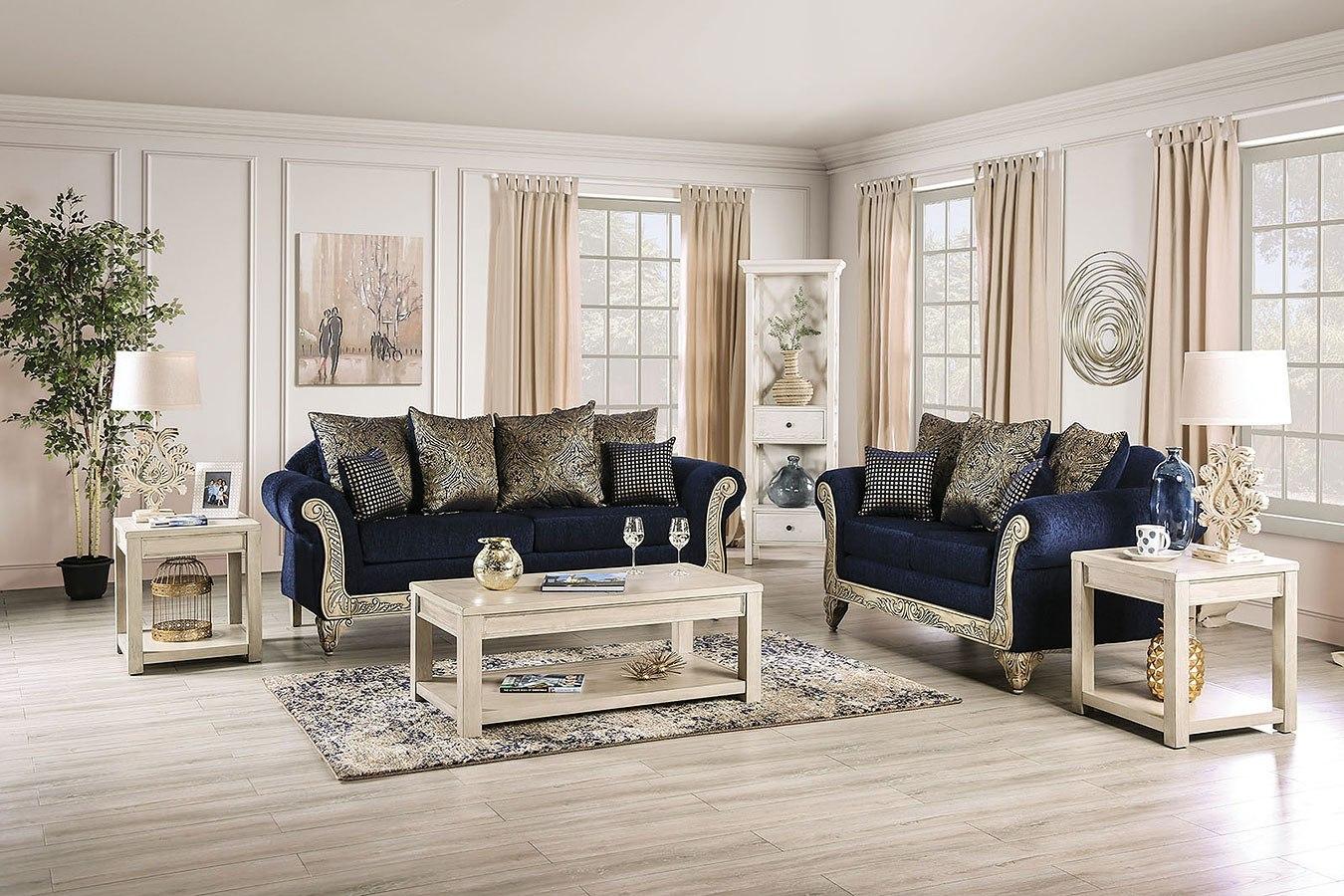 Esofastore Contemporary 2pc Sofa Set Comfortable Sofa Loveseat Navy Blue  Blended Chenille Plush Couch Pillows Living