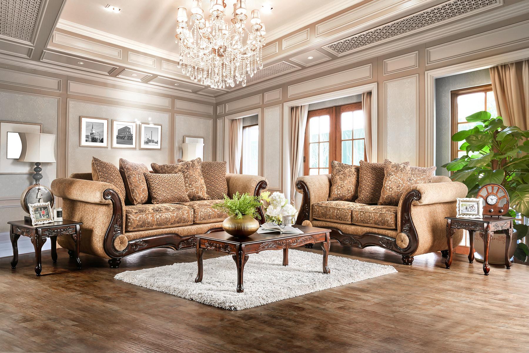 Traditional Sofa Loveseat and Coffee Table Set SM6407-5PC Nicanor & Cheshire SM6407-5PC in Tan Chenille