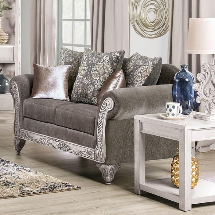 

    
Traditional Weathered White & Warm Gray Chenille Loveseat Furniture of America SM7300-LV Velletri
