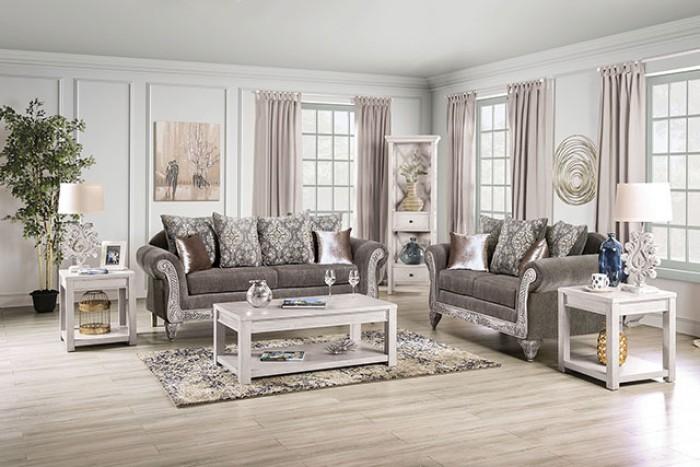 Traditional Sofa and Loveseat Set SM7300-SF-2PC Velletri SM7300-SF-2PC in Warm Gray, White Chenille