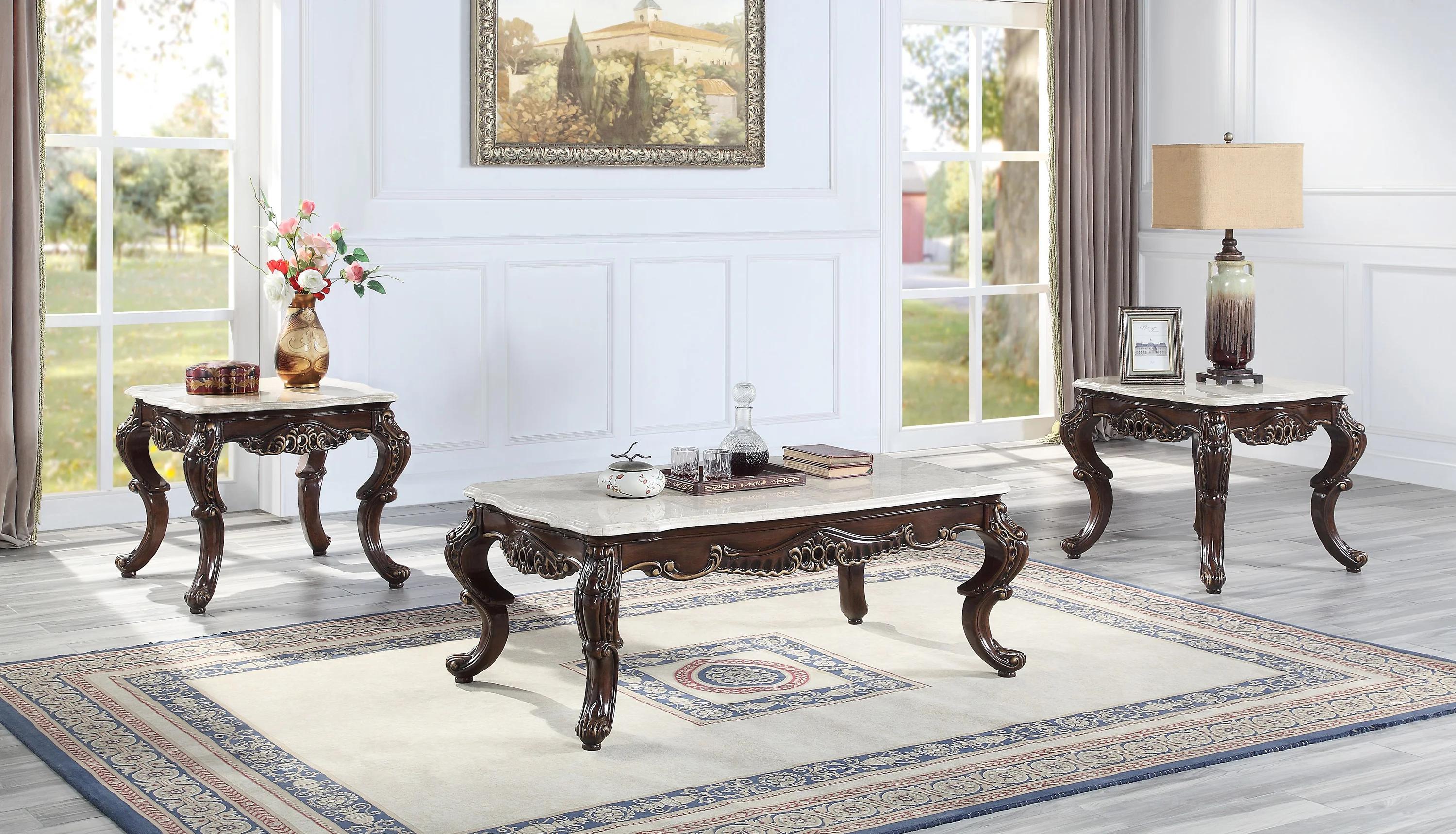 

    
Traditional White Marble & Antique Oak Coffee Table + 2 End Tables by Acme Benbek LV00812-3pcs
