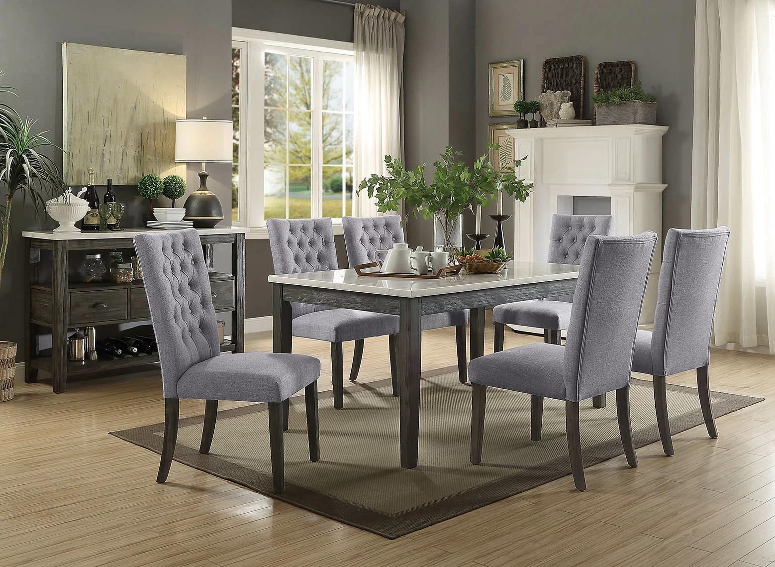 

    
Traditional White Marble & Gray Oak 7pcs Dining Room Set by Acme Merel 70165-7pcs
