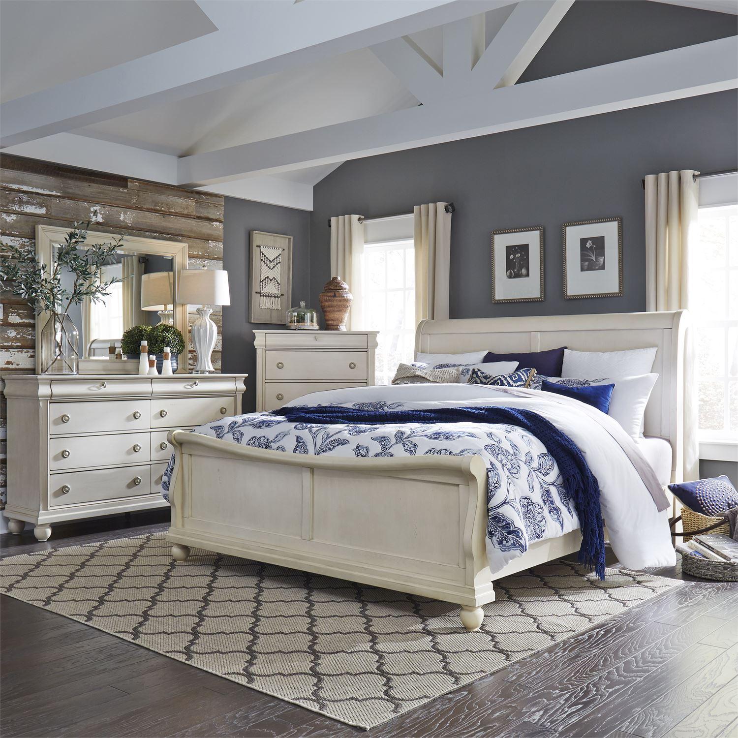

    
White Wood Queen Sleigh Bedroom Set 4 Pcs w/Chest Rustic Traditions II 689-BR-QSLDMC Liberty Furniture
