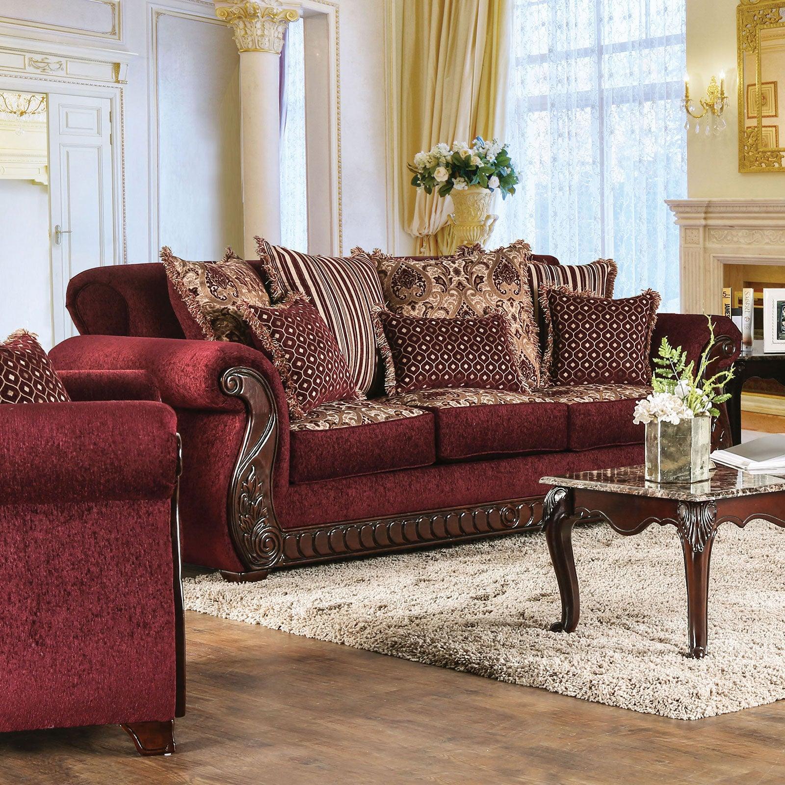 

    
Traditional Wine & Gold Fabric Living Room Set 3pcs Furniture of America Tabitha
