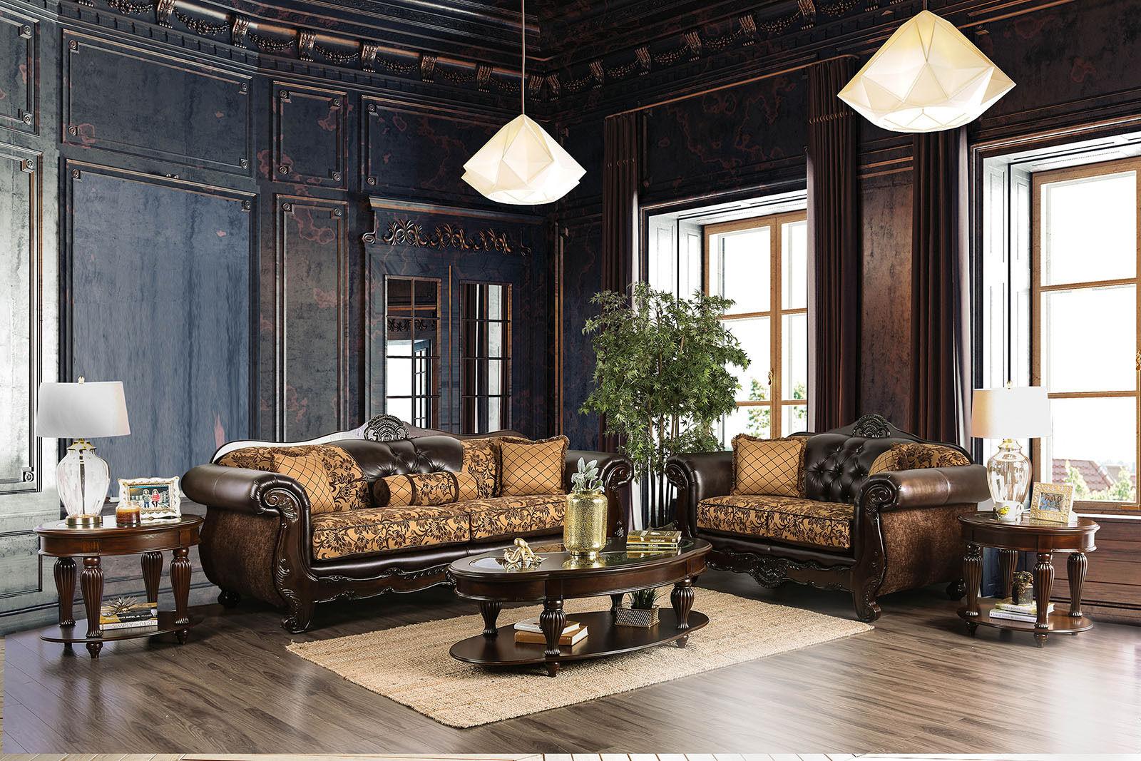 

    
Tan & Dark Brown Chenille Sofa QUIRINO SM6417-SF Furniture of America Classic
