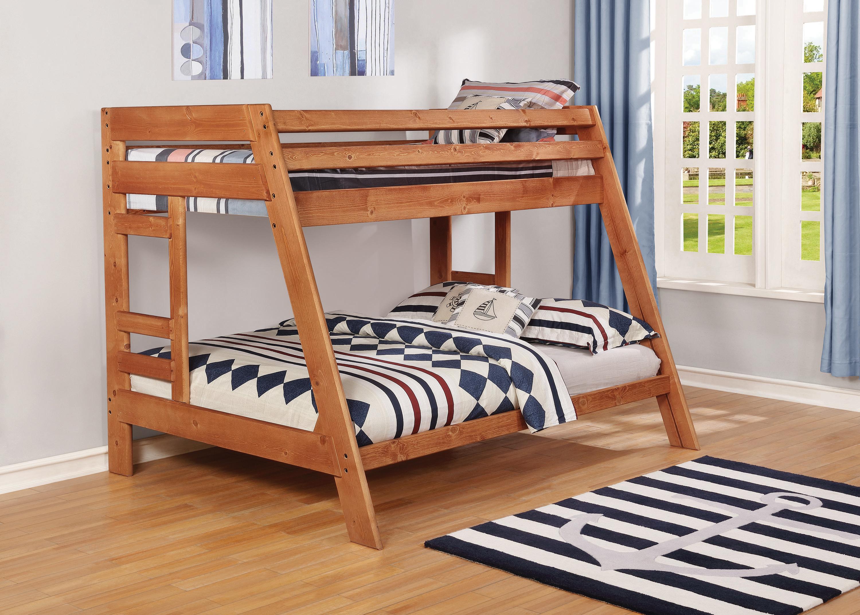 

    
460093 Transitional Amber Solid Ponderosa Pine Twin/Full Bunk Bed Coaster 460093 Wrangle Hill

