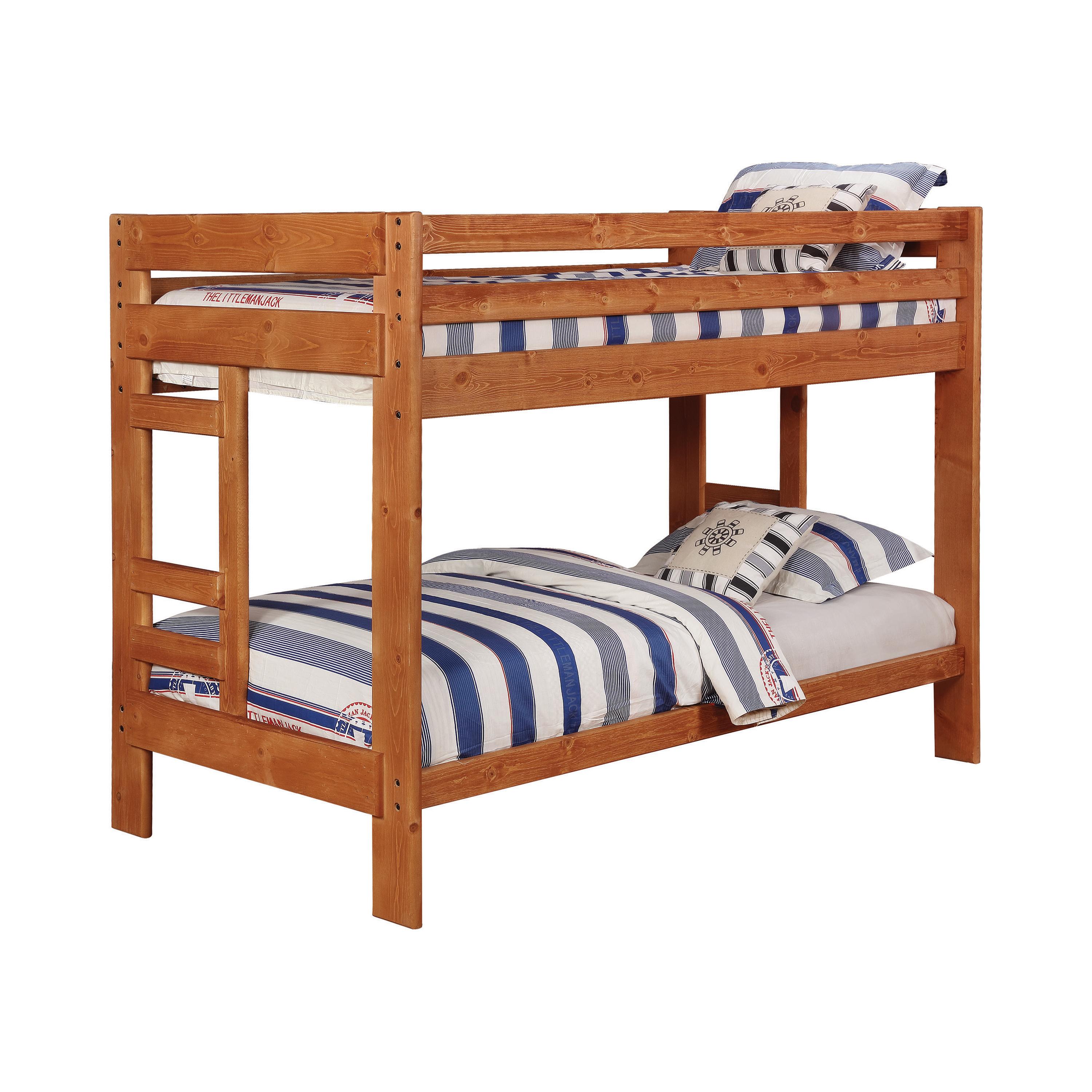 

    
Transitional Amber Solid Ponderosa Pine Twin/Twin Bunk Bed Coaster 460243 Wrangle Hill
