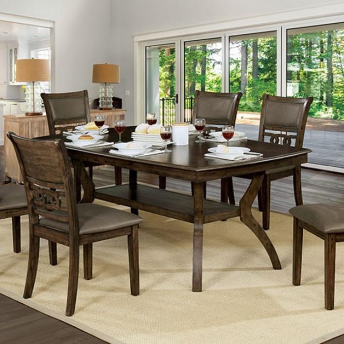 

    
Transitional Antique Walnut & Warm Gray Solid Wood Dining Room Set 5pcs Furniture of America Holly
