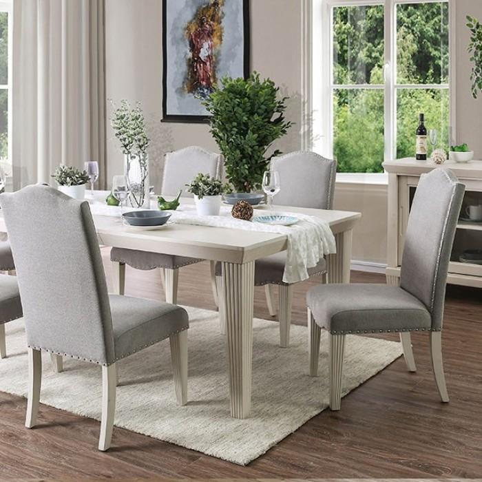 

    
Transitional Antique White & Gray Solid Wood Dining Room Set 5pcs Furniture of America Daniella
