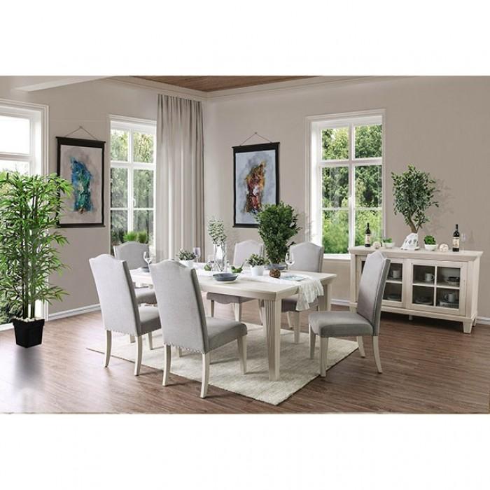

    
Transitional Antique White & Gray Solid Wood Dining Room Set 5pcs Furniture of America Daniella
