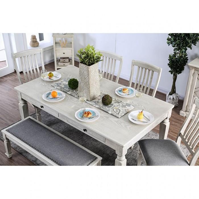 

    
Transitional Antique White & Gray Solid Wood Dining Room Set 6pcs Furniture of America Georgia
