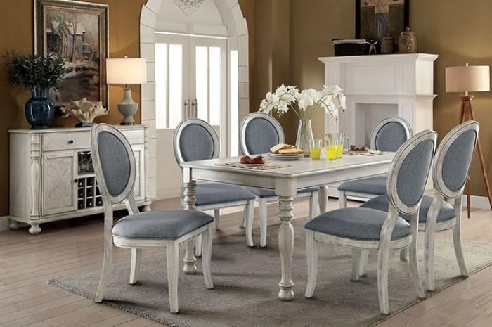 

    
Transitional Antique White & Gray Solid Wood Dining Room Set 7pcs Furniture of America Siobhan & Kathryn
