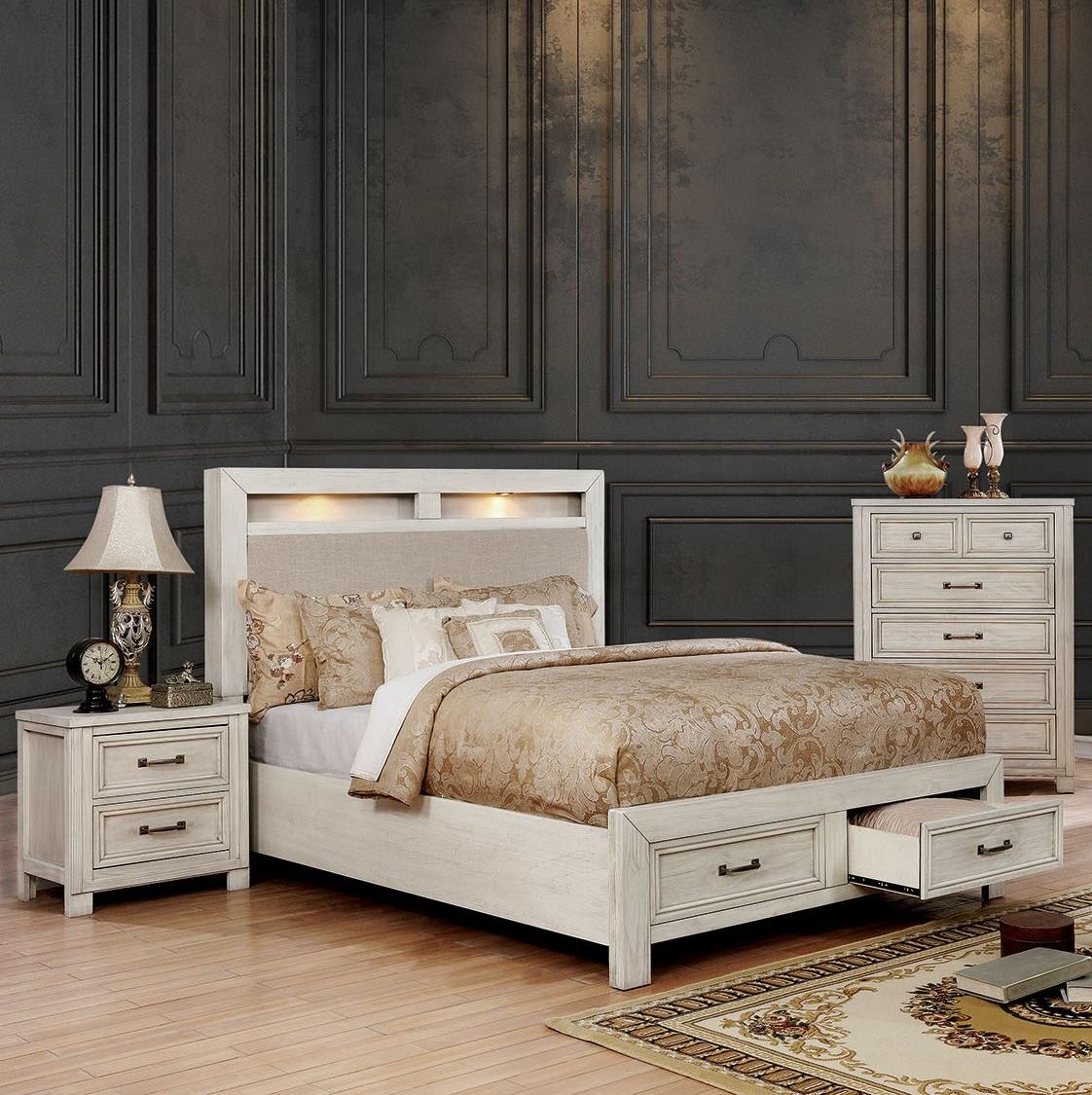 Transitional Storage Bedroom Set CM7365WH-CK-3PC Tywyn CM7365WH-CK-3PC in Antique White Fabric
