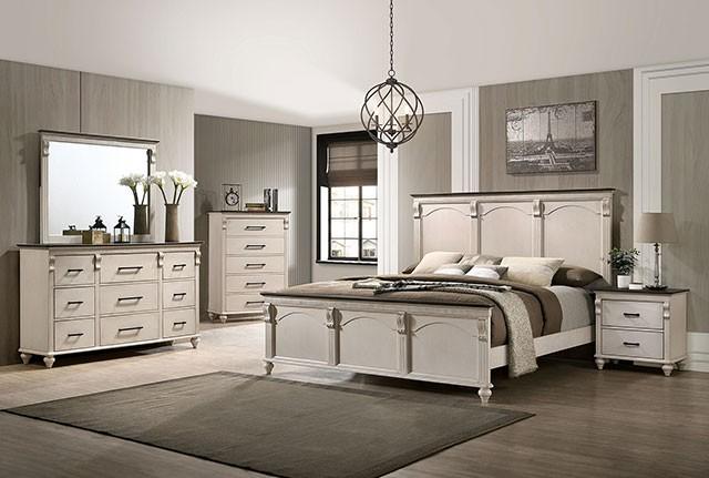 

    
Transitional Antique White Solid Wood CAL Bedroom Set 6pcs Furniture of America CM7182 Agathon
