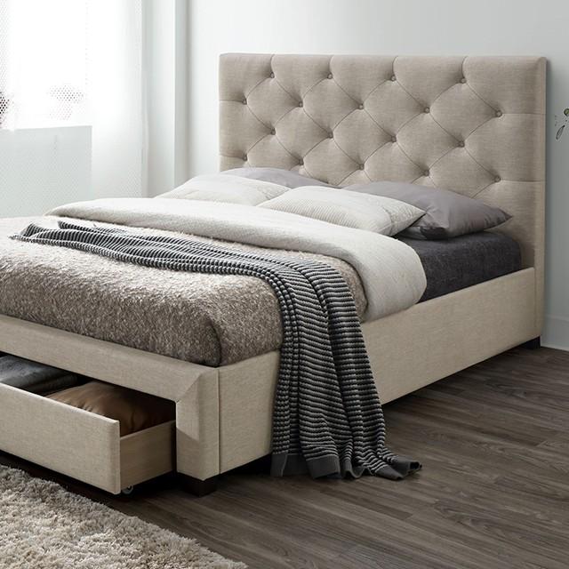 

    
Transitional Beige Linen-like Fabric King Bed Furniture of America CM7218BG Sybella
