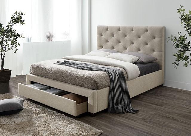 

    
Transitional Beige Linen-like Fabric King Bed Furniture of America CM7218BG Sybella
