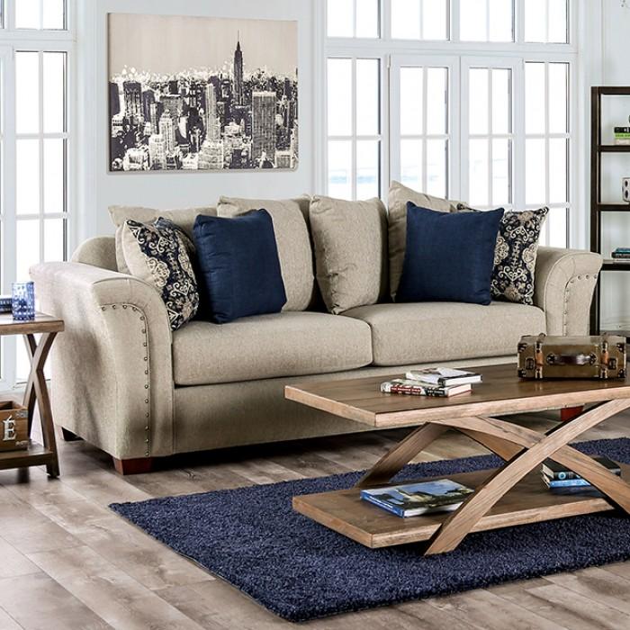 

    
Transitional Beige & Navy Linen-like Fabric Sofa Furniture of America SM6438-SF Belsize
