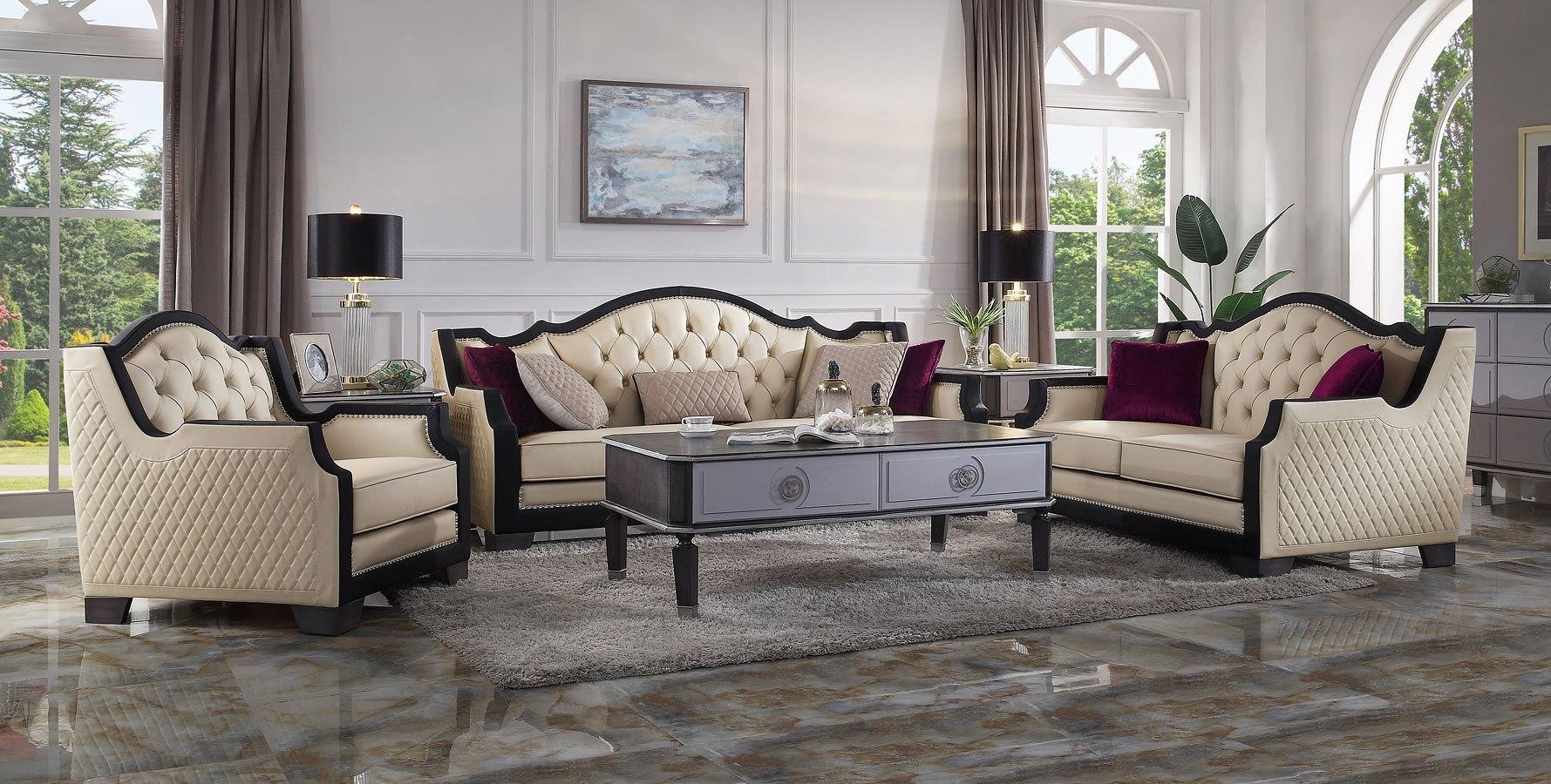 

    
 Order  Transitional Beige Sofa + Loveseat + Chair by Acme House Beatrice 58810-3pcs
