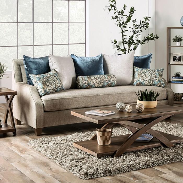 

    
Transitional Beige & Teal Chenille Sofa Furniture of America SM2287-SF Catarina
