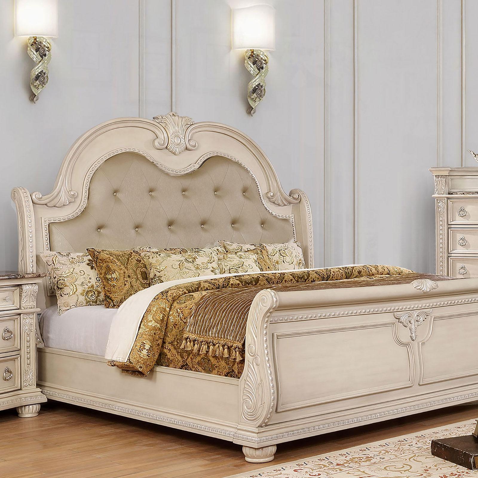 

    
Transitional Beige Upholstered Cal. king Sleigh bed Ammanford FoA Group
