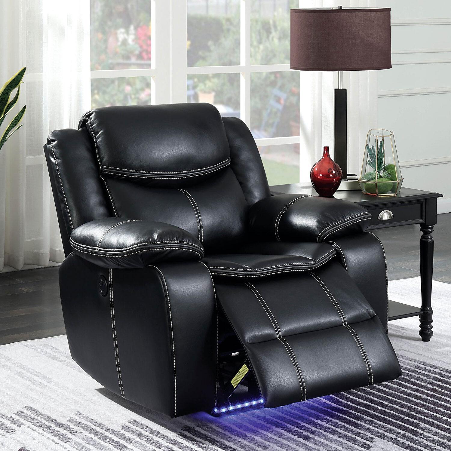 

    
CM6567-3PC Transitional Black Breathable Leatherette Power Living Room Set 3pcs Furniture of America Sirius
