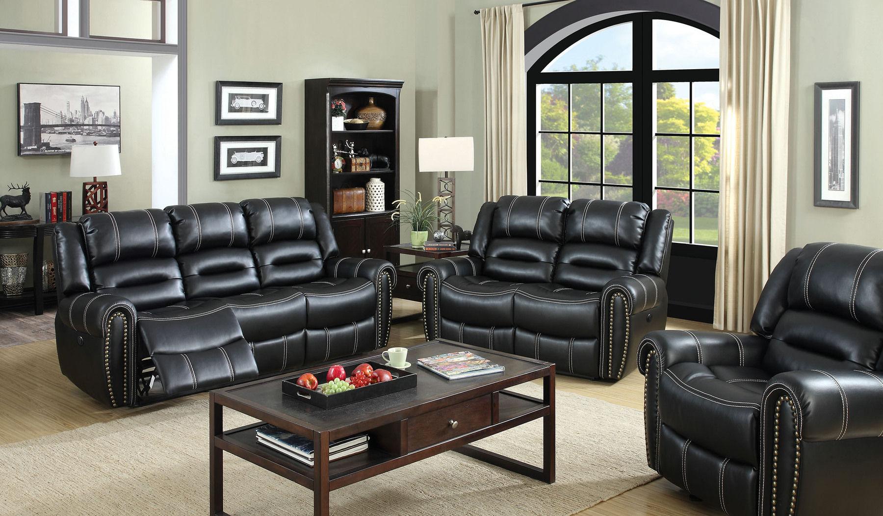 

    
Transitional Black Breathable Leatherette Recliner Living Room Set 3pcs Furniture of America Frederick
