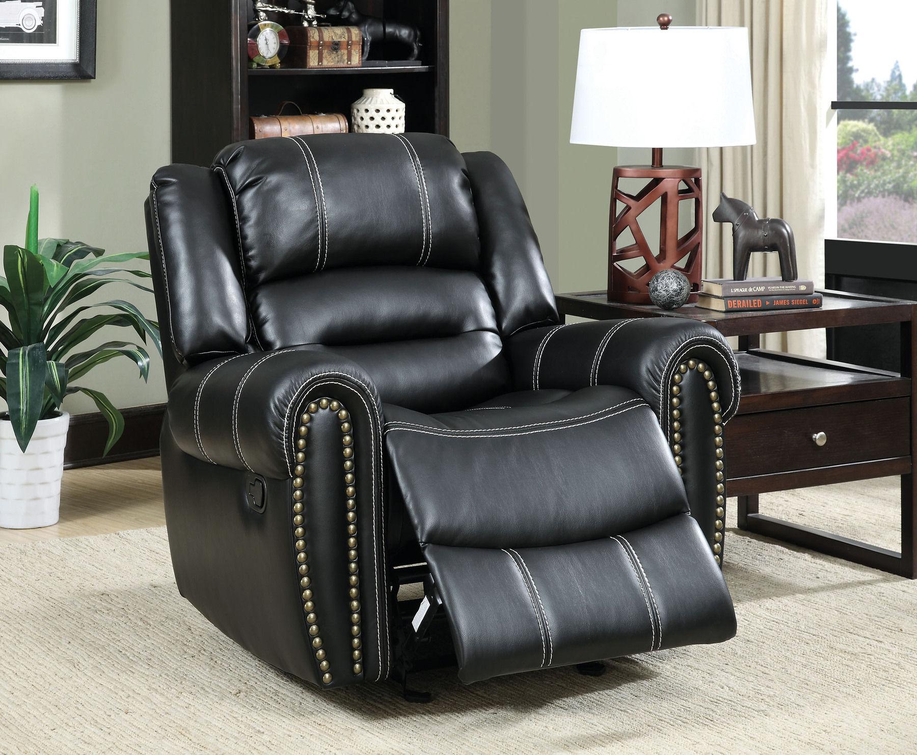 

    
CM6130-3PC Transitional Black Breathable Leatherette Recliner Living Room Set 3pcs Furniture of America Frederick

