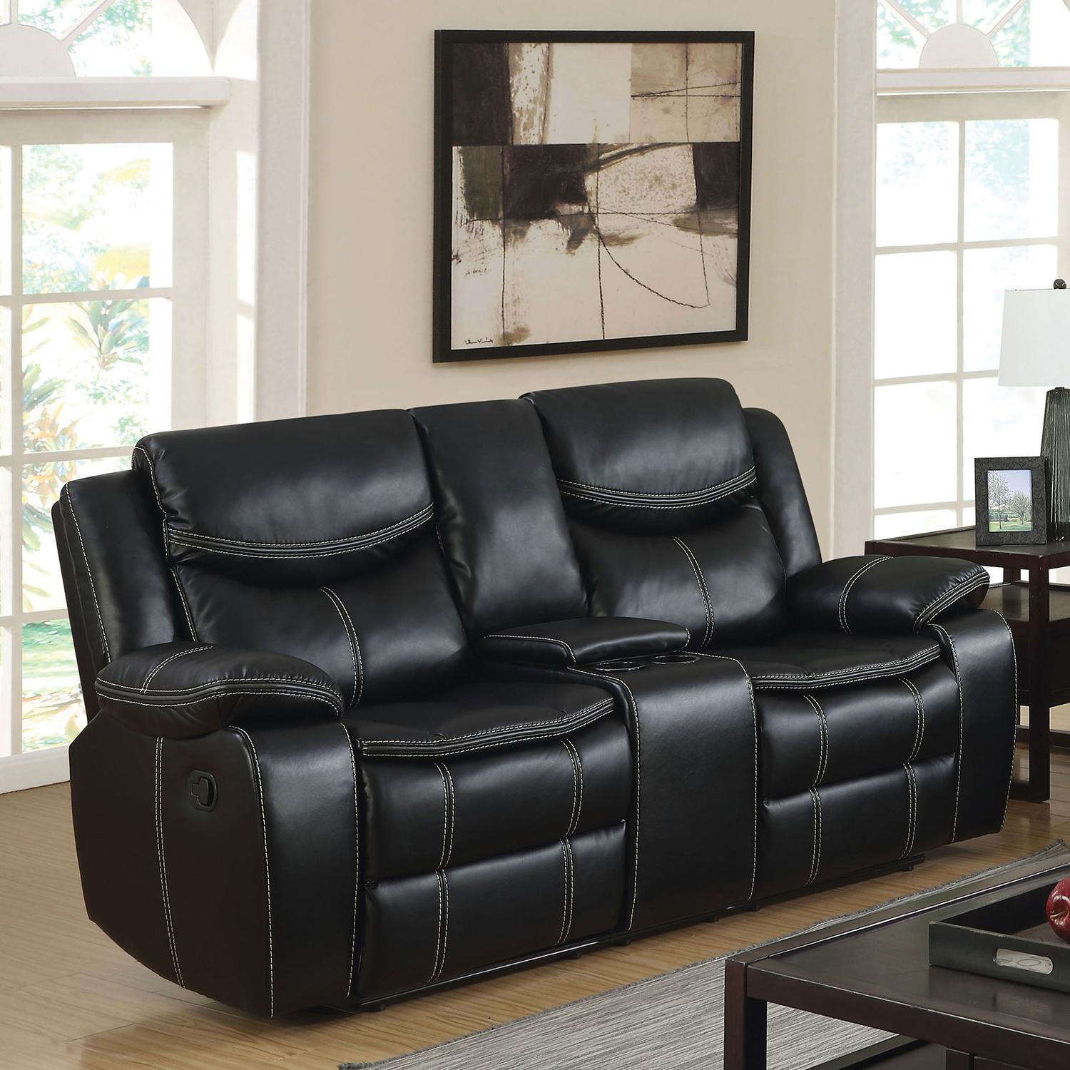 

    
Transitional Black Breathable Leatherette Recliner Loveseat Furniture of America CM6981-LV-CT Pollux
