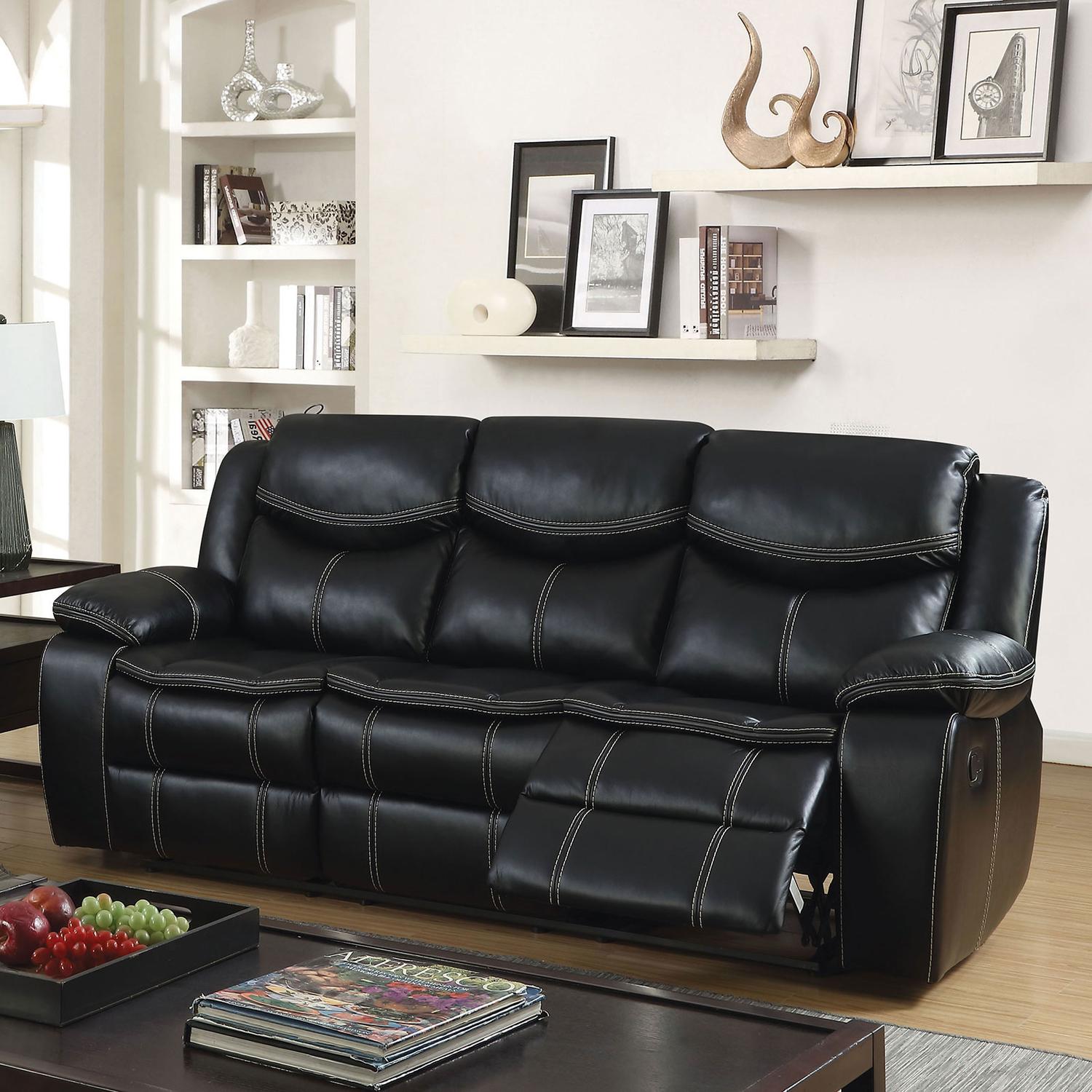 

    
Transitional Black Breathable Leatherette Recliner Sofa Furniture of America CM6981-SF Pollux
