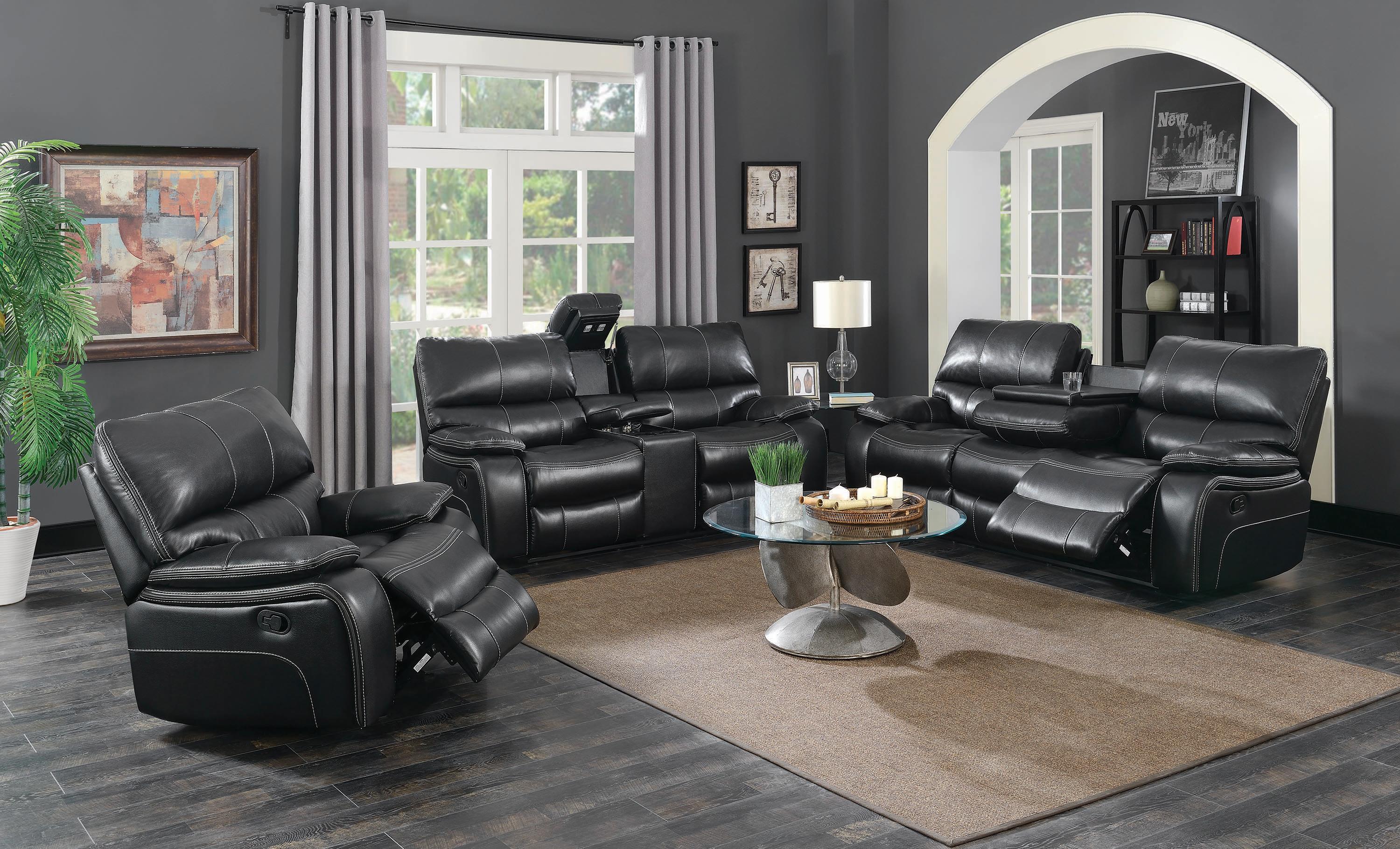 

    
 Shop  Modern Black Faux Leather Motion Sofa Coaster 601934 Willemse
