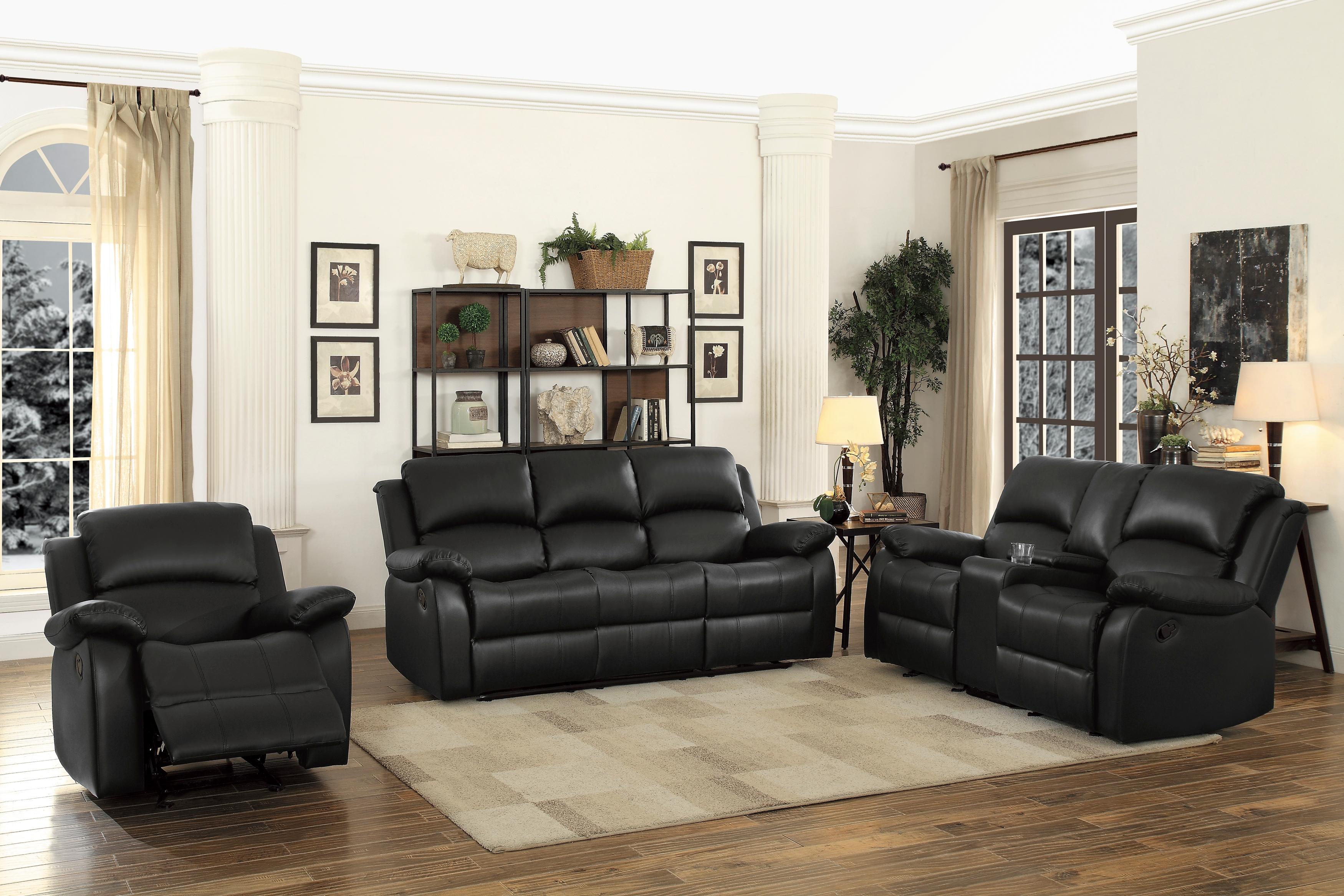

    
9928BLK-3 Transitional Black Faux Leather Reclining Sofa Homelegance 9928BLK-3 Clarkdale
