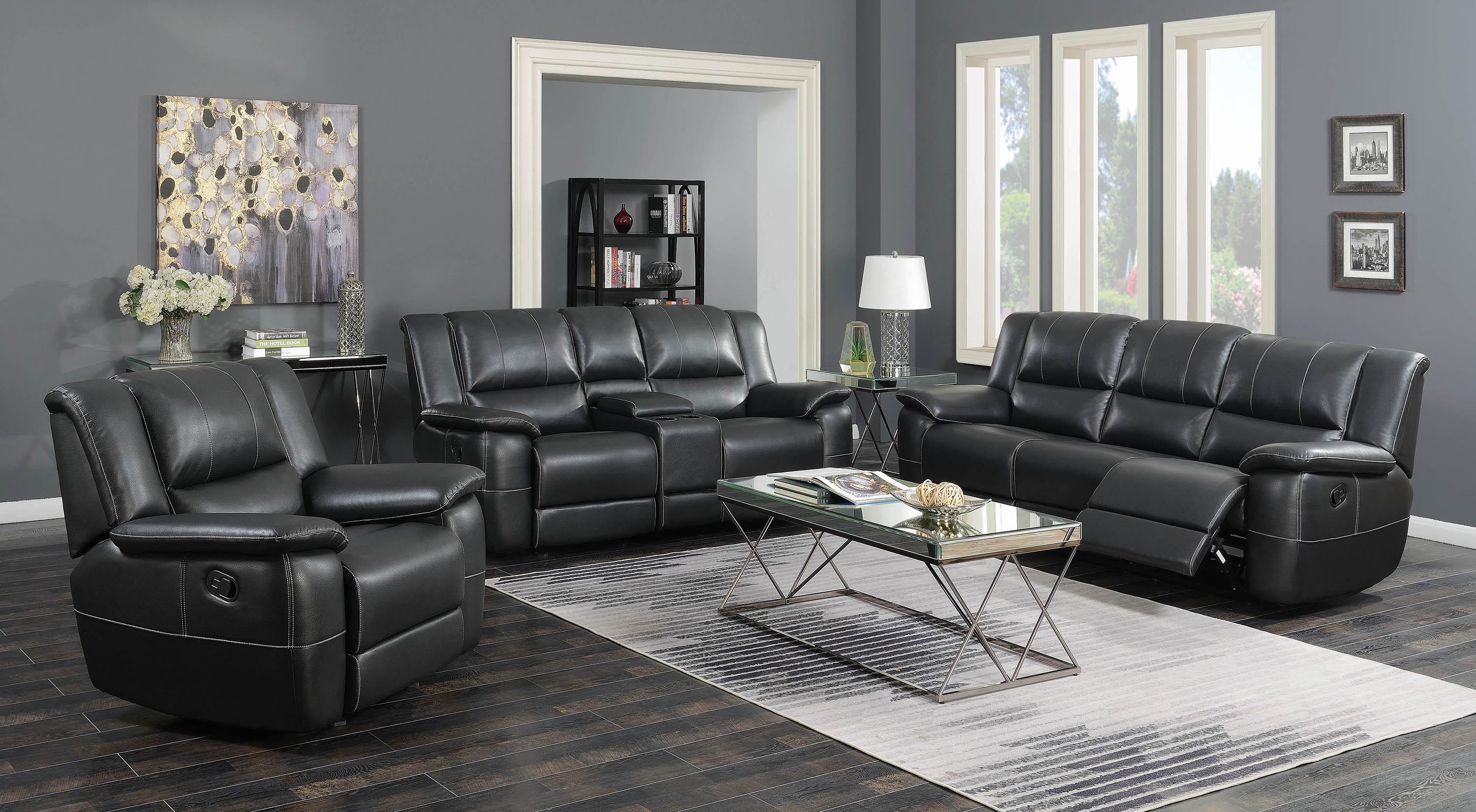 

    
 Shop  Contemporary Black Faux Leather Motion Sofa Coaster 601061 Lee
