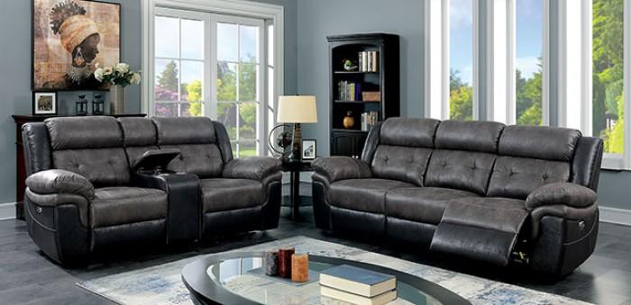 

    
Transitional Black & Gray Fabric-like Vinyl Recliner Sofa Set 2pcs Furniture of America Brookdale
