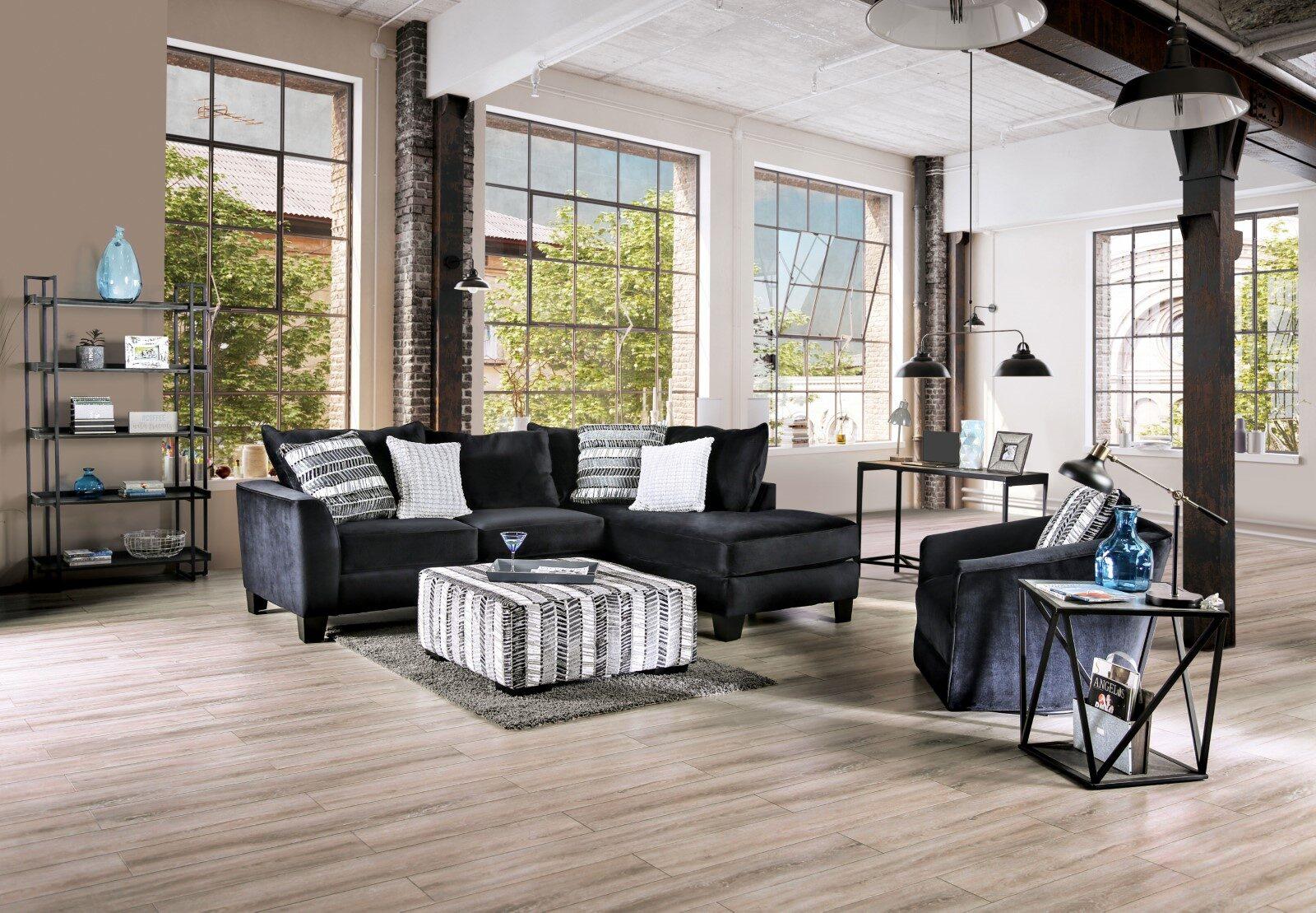 Transitional Sectional Sofa Chair and Ottoman SM5160-3PC Modbury SM5160-3PC in Black Microfiber