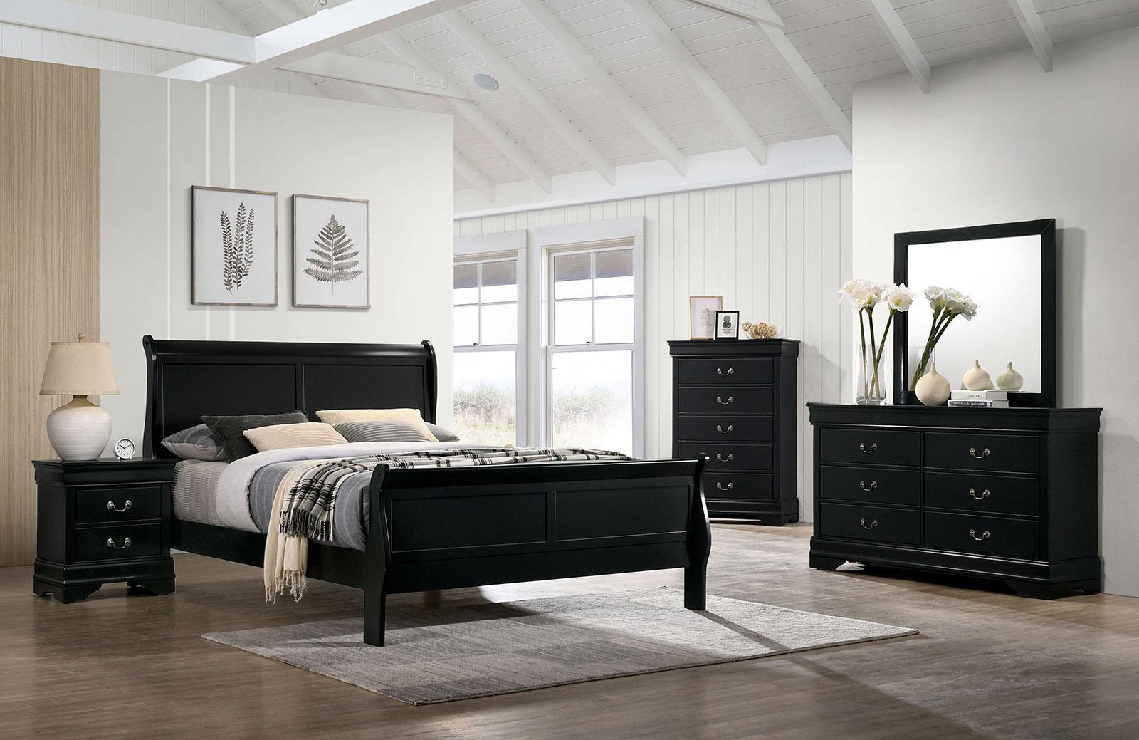 

    
Transitional Black Solid Wood CAL Bedroom Set 5pcs Furniture of America CM7966BK Louis Philippe
